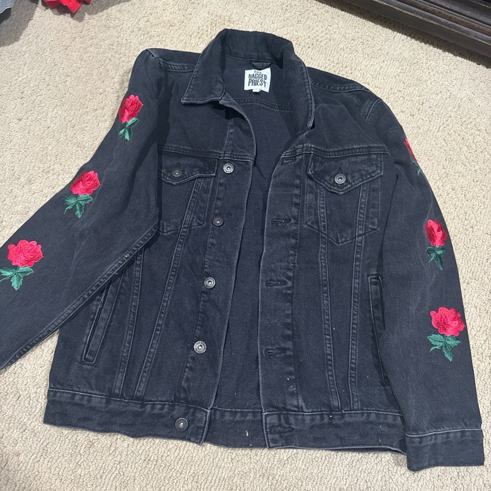 The Ragged Priest Black Jean Jacket with Red Rose Embroidery